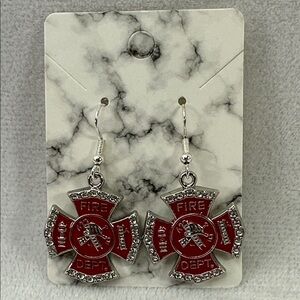 Fire Department Red and Silver Rhinestones Bling Dangling Earrings
